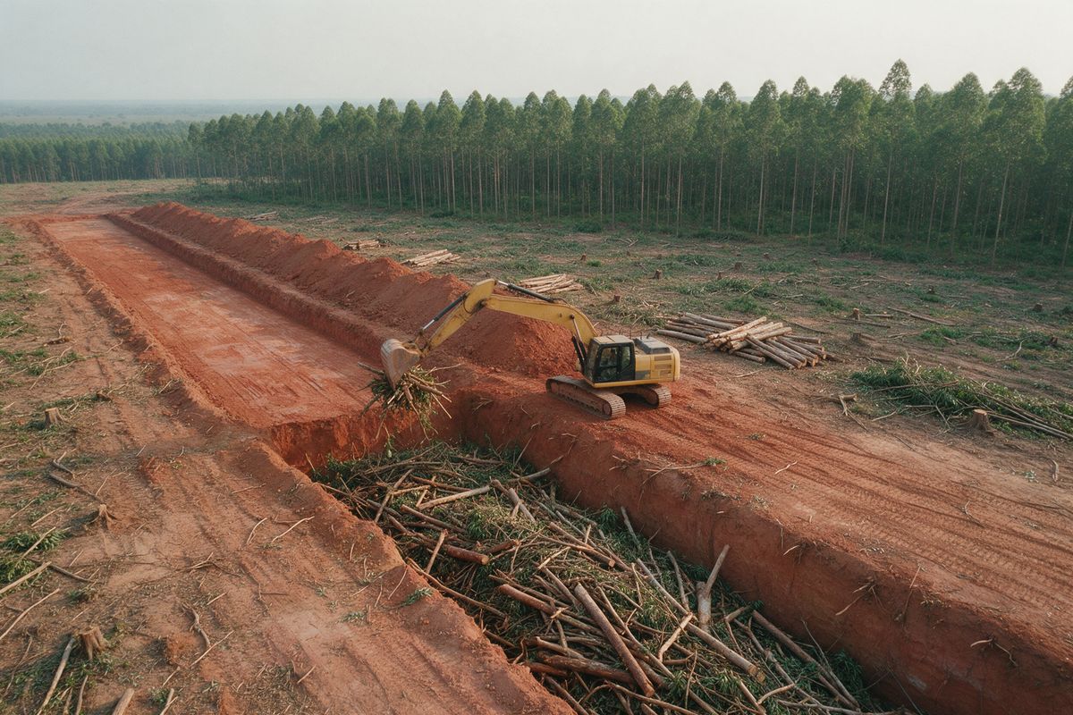 An excavator placing woody biomass into an earthen burial trench